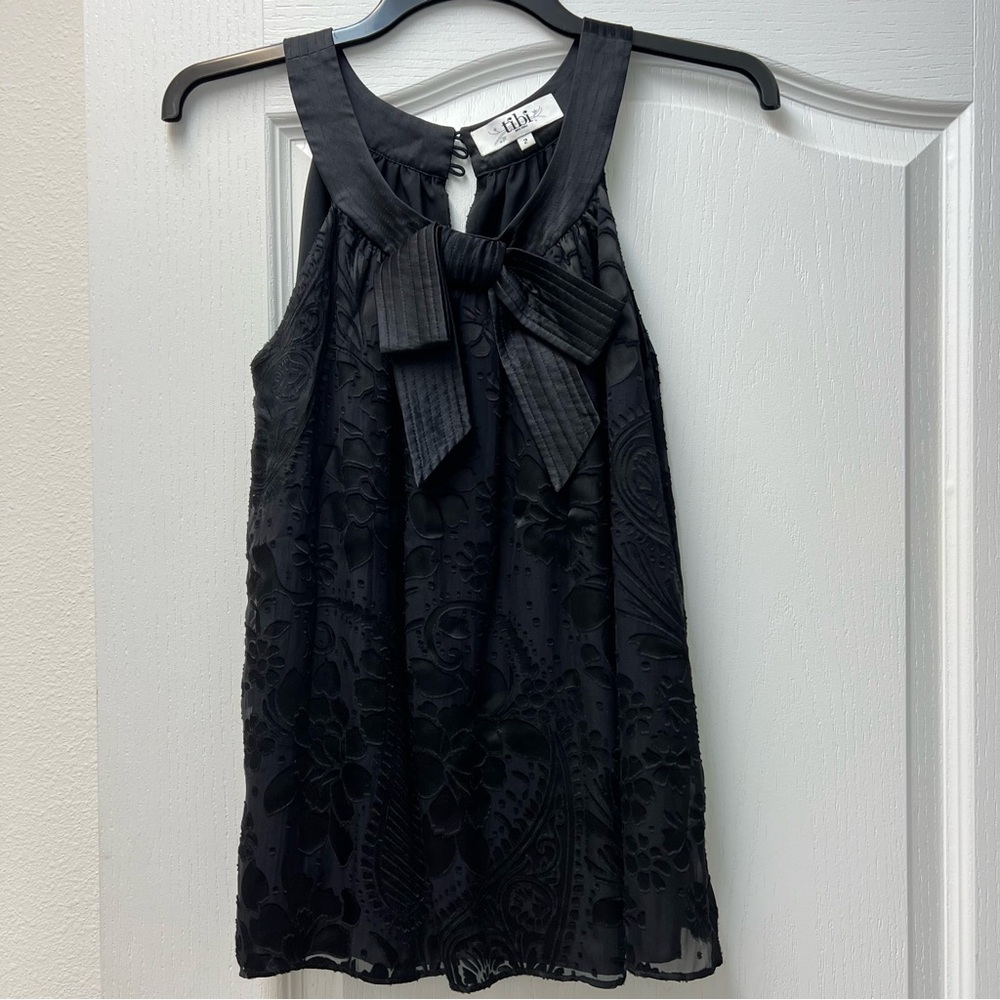 Tibi Black Floral Overlay Silk Blend Bow Sleeveless Stunning Top Sz 2